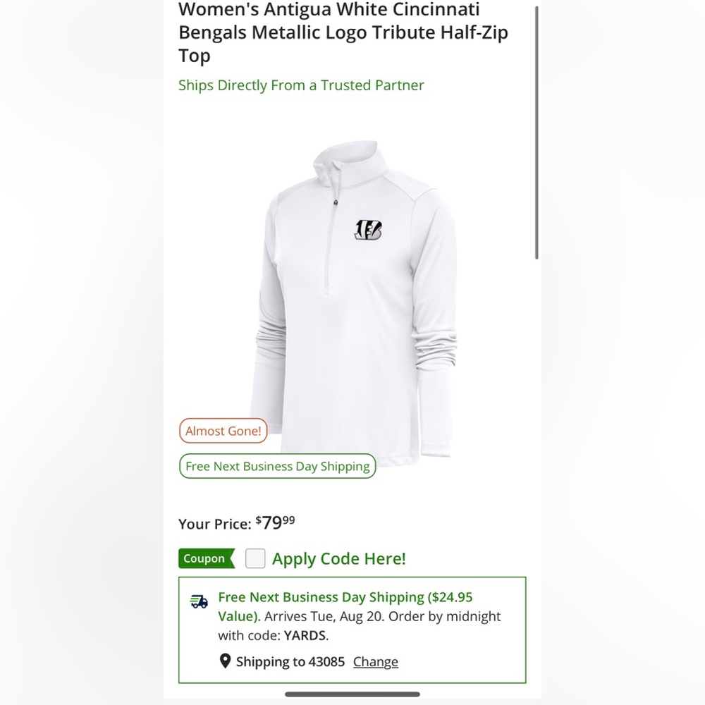 NWT Women's Antigua White Cincinnati Bengals Metallic Logo Tribute Half-Zip Top